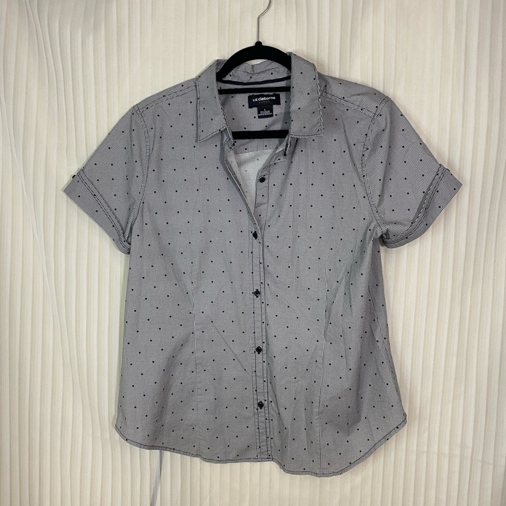 Liz Claiborne Career Button Up Shirt Black White Micro Dot Blouse Women Large